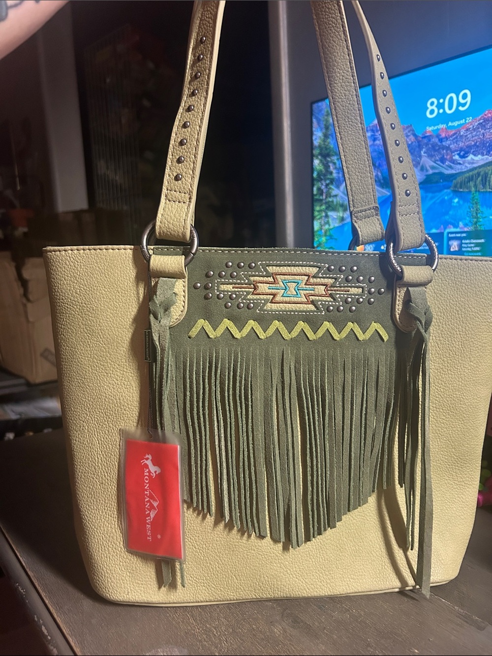 Montana West Olive and Tan Fringed Tote with Southwestern Embroidery NWT